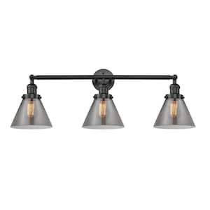Cone 32 in. 3-Light Matte Black Vanity Light with Plated Smoke Glass Shade