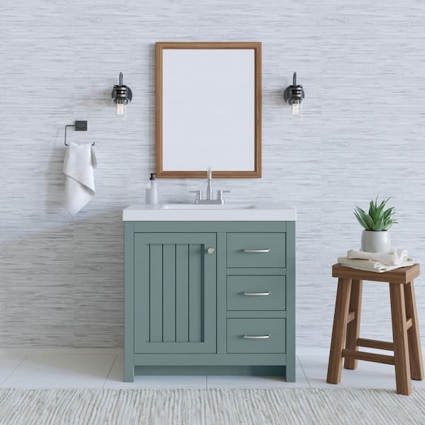 Home Decorators Collection Glint 37 in. W x 19 in. D x 26 in. H Single Sink Freestanding Bath Vanity in Sage with White Cultured Marble Top