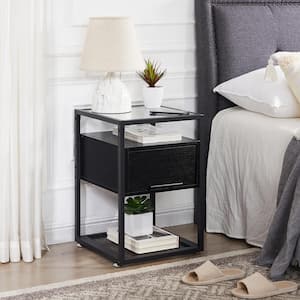 Black End Table with Flip Drawer, Open Storage Shelf, Tempered Glass Night Stands 23.6 in. H x 15.7 in. W x 15.7 in. D