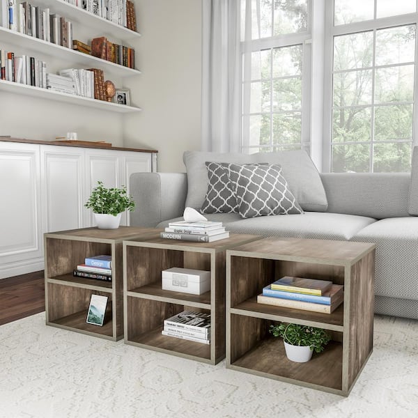 15.75 in. Square Wood End Table with Storage, Minimalist Modern Nightstand or Side Table with 2-Shelves, Gray Woodgrain