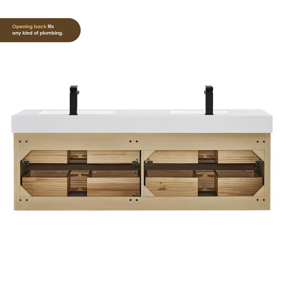 Livia 60" Nature Brown Fir Wood Wall-Mounted Vanity
