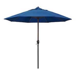 9 ft. Bronze Aluminum Market Auto-tilt Crank Lift Patio Umbrella in Regatta Sunbrella