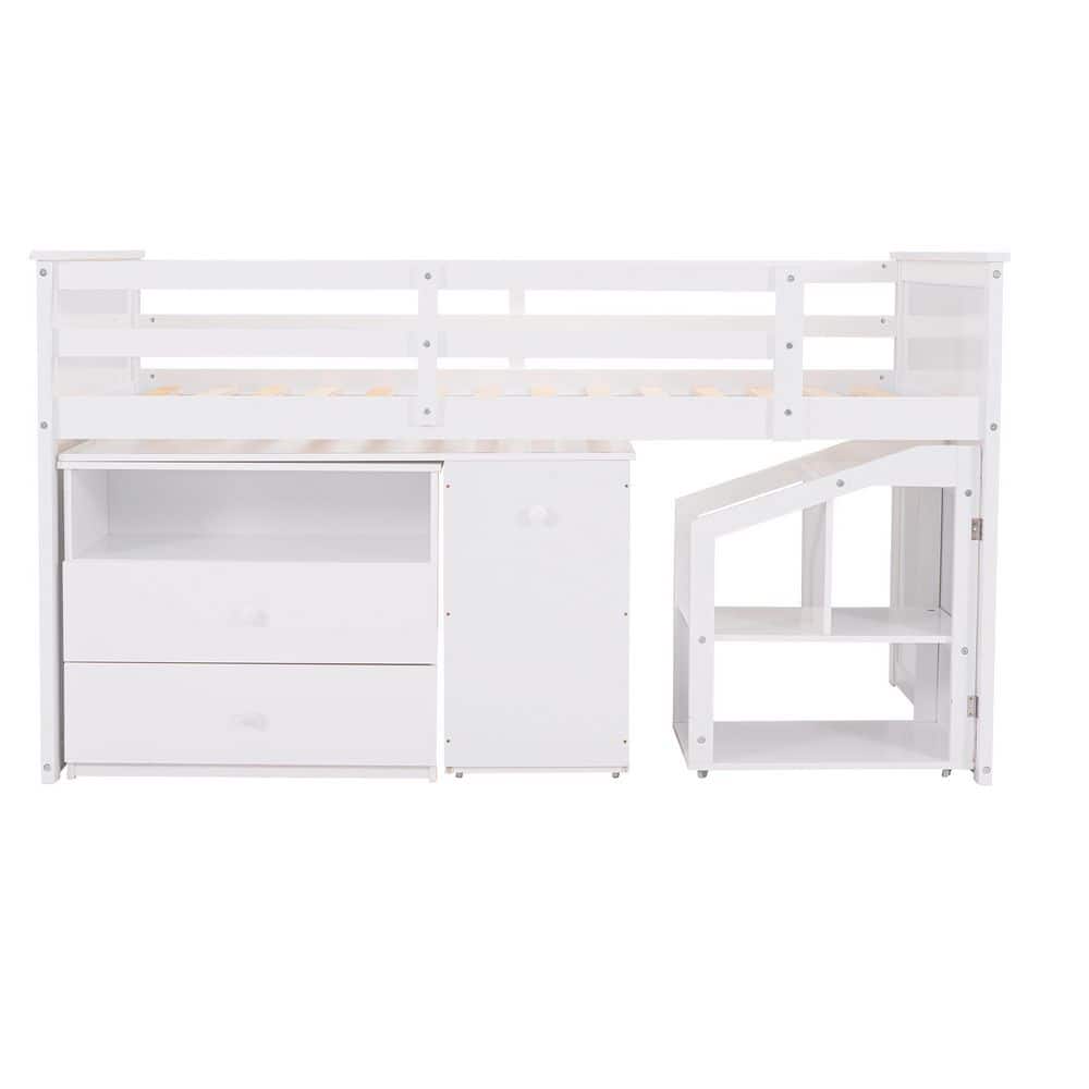 STICKON White Twin Low Study Loft Bed With Storage and Desk HYM ...