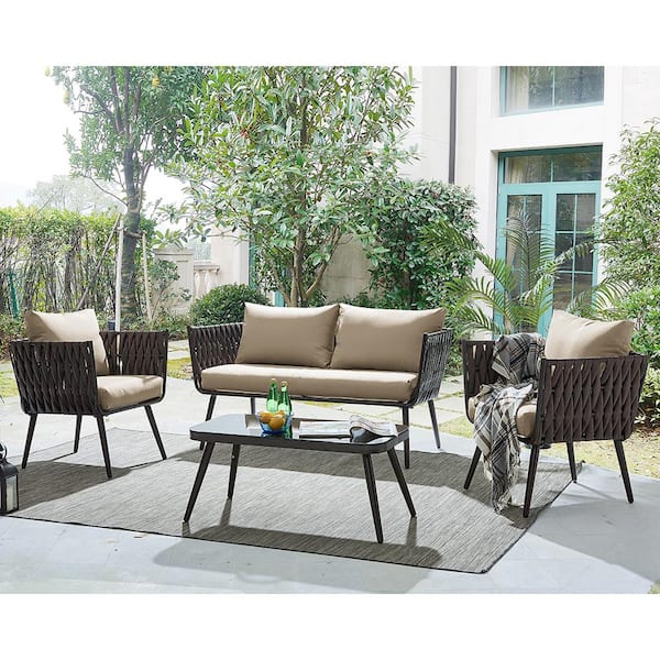 4-Piece Wicker Sofas Rattan Outdoor Patio Conversation Set with Coffee Table and Beige Cushioned Chairs