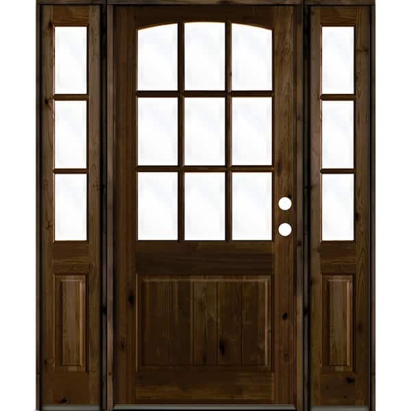 Krosswood Doors 70 in. x 96 in. Knotty Alder Left-Hand/Inswing 9-Lite Clear Glass Black Stain Wood Prehung Front Door with Sidelites