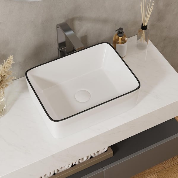 DEERVALLEY 16 in. Ceramic Rectangular Vessel Bathroom Sink in White and Black Rim