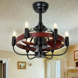 20 in. Indoor Walnut Smart Ceiling Fan with E12 Lights with Remote, Downrod Mount Farmhouse Chandelier, Fandelier