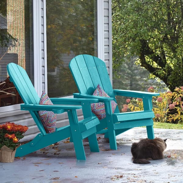Blue Plastic Outdoor Folding Adirondack Chair with Cup Holder