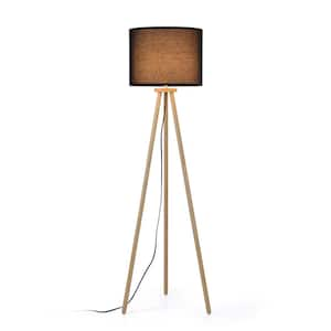 Flick 61 in. Natural Tripod 1-Light Floor Lamp with Solid wood Body and Beige Fabric Drum Shade