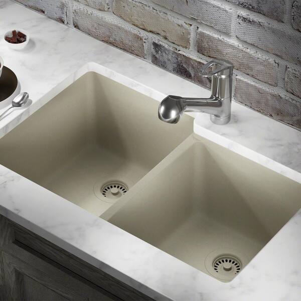 MR Direct Slate Quartz Granite 33 in. Double Bowl Undermount Kitchen Sink with Matching Strainer and Flange