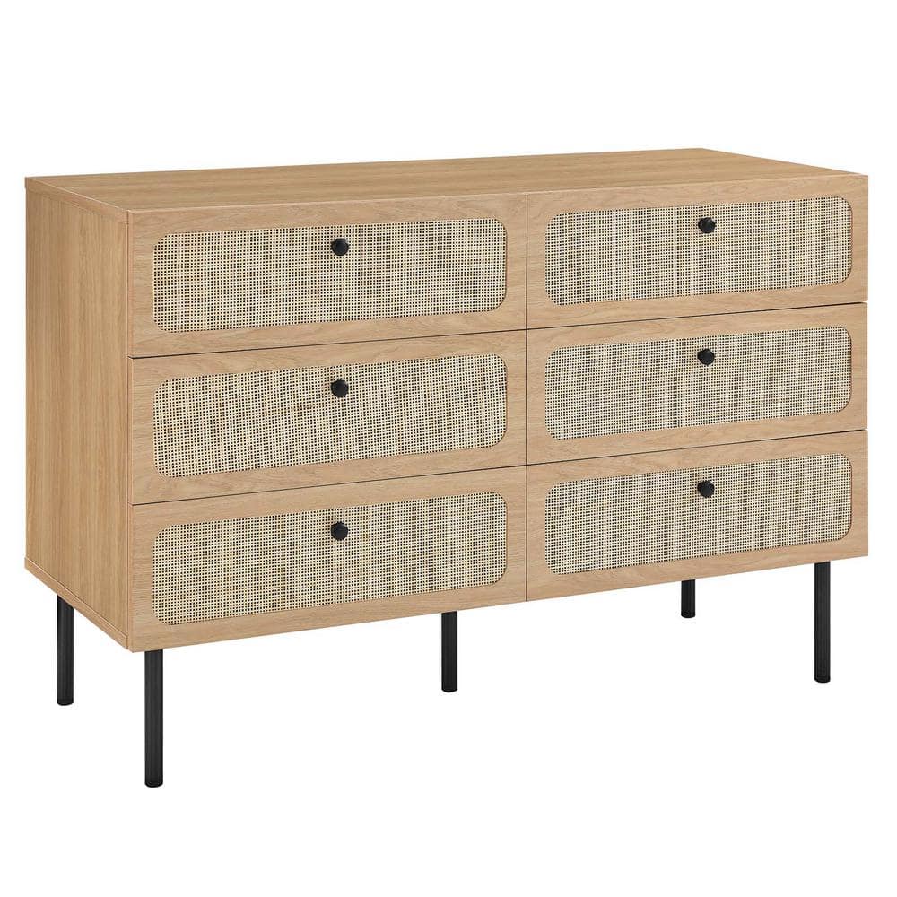 Chaucer Oak and Rattan 6-Drawer Compact Dresser with Adjustable Feet
