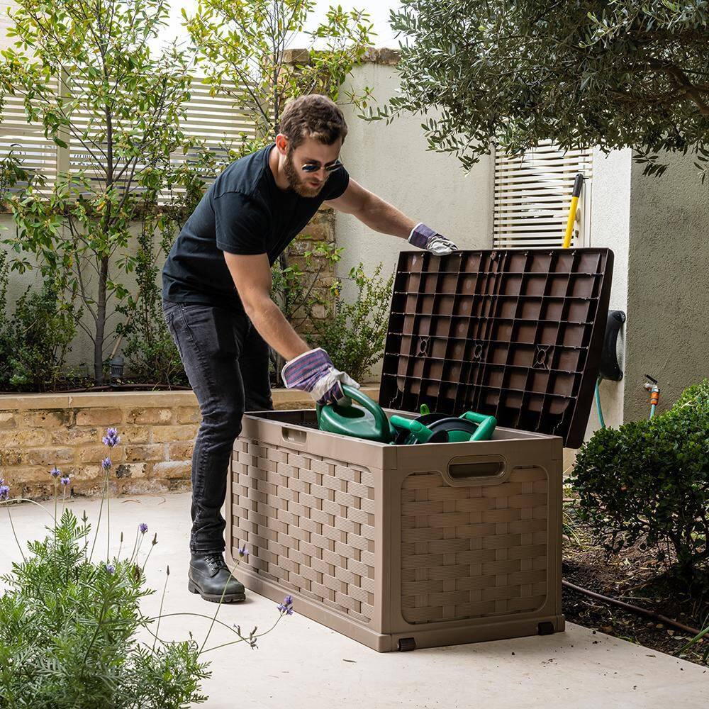 Mocha Lockable Plastic Wicker Deck Box with Wheels