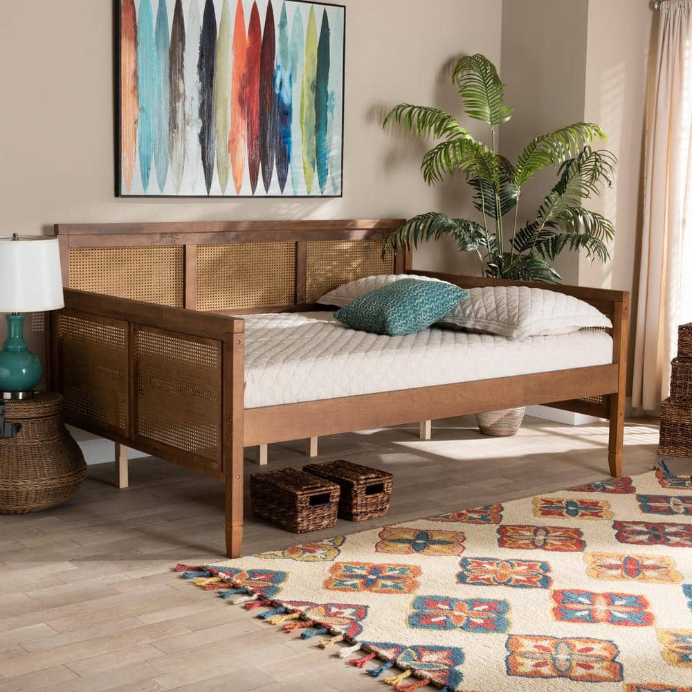 Full Size Walnut Wood Tufted Upholstered Daybed with Slats