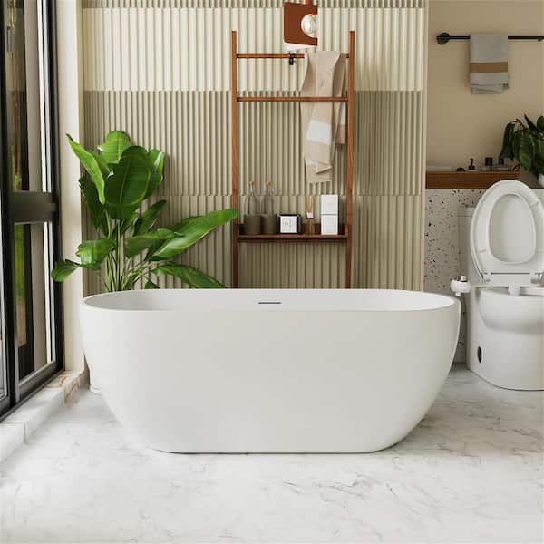 INSTER VALLEY 59 in. White Acrylic Oval Freestanding Bowl Shaped Flatbottom Soaking Tub Non-Whirlpool Bathtub