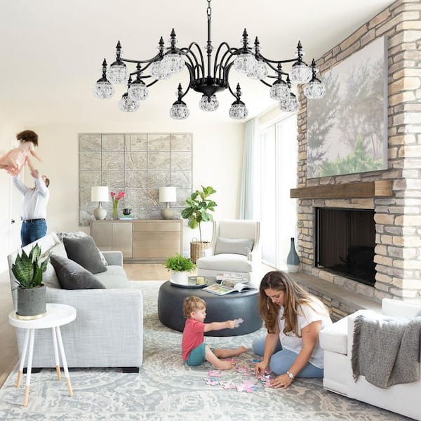 15 Lights Black Vintage Crystal Chandelier Farmhouse Round Hanging Light Fixture for Dining Room Living Room Bedroom