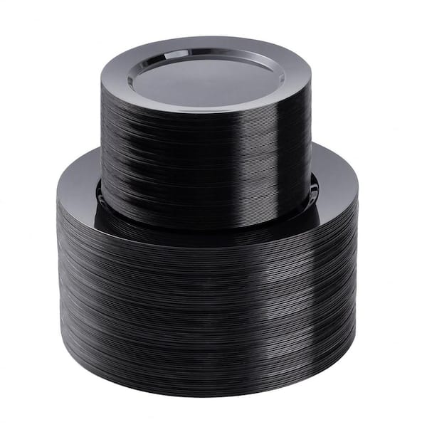 200-Pcs Plastic Plates Set, 100 10.25 in. Dinner Plates and 100 7.5 in. Dessert Plates, Premium Disposable Plates, Black