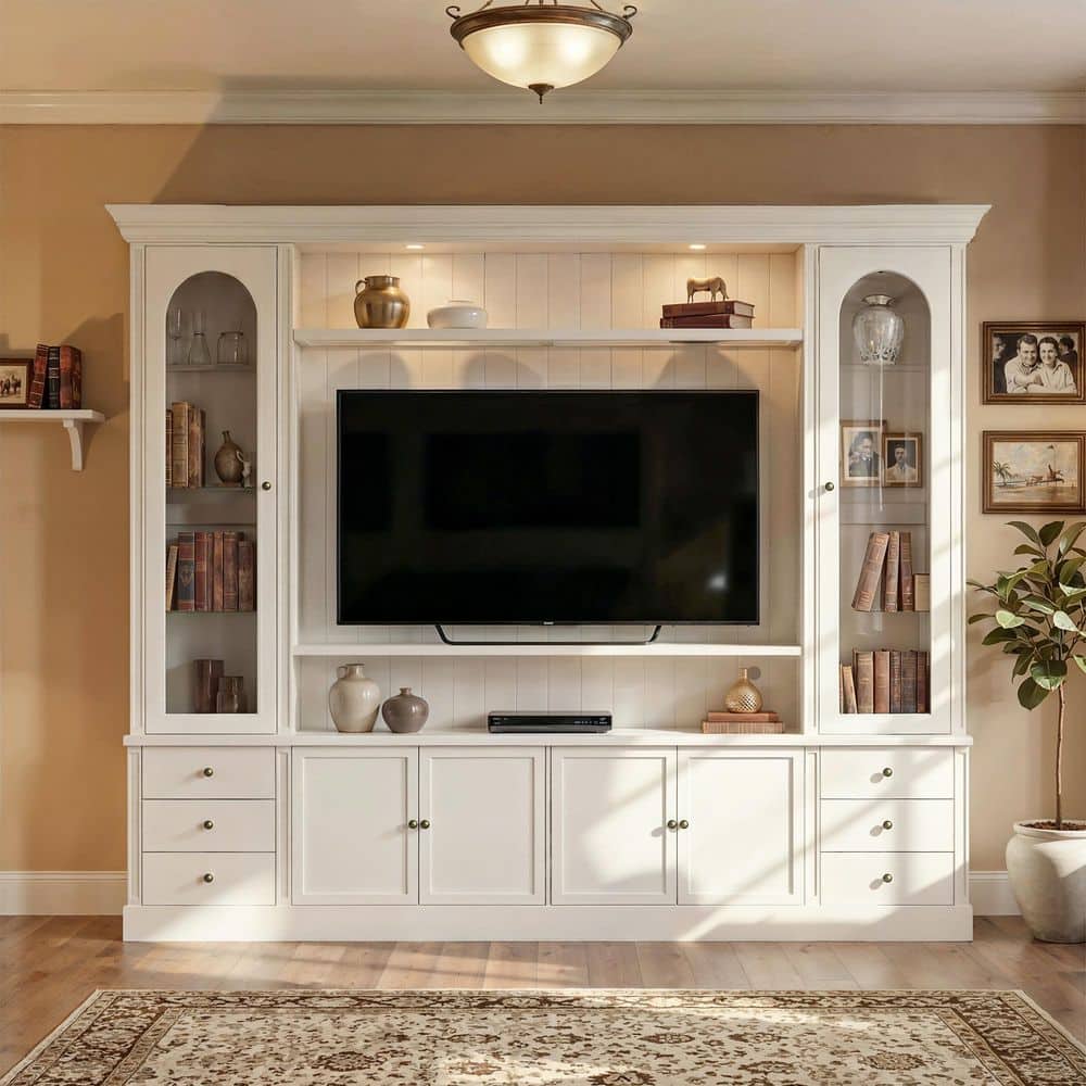 White TV Stand Entertainment Center Fits TVs up to 60 in. with Glass Doors, 6 Drawers, Shelves, Spotlights, 2 Cabinets