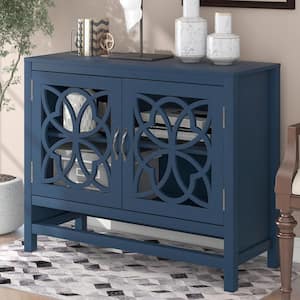 Navy Blue Wood Accent Buffet Sideboard Storage Cabinet with Doors and Adjustable Shelf, Entryway Kitchen Dining Room