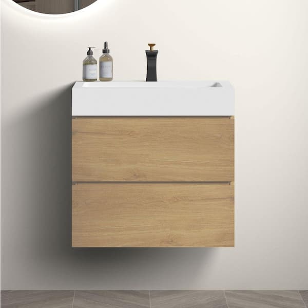 24 in. Single Sink Floating Oak Bath Vanity with White Ceramic Top (Assembled), Double Drawers