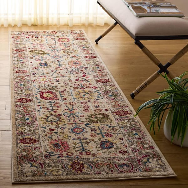 Kashan 3 ft. x 10 ft. Beige/Taupe Floral Border Runner Rug