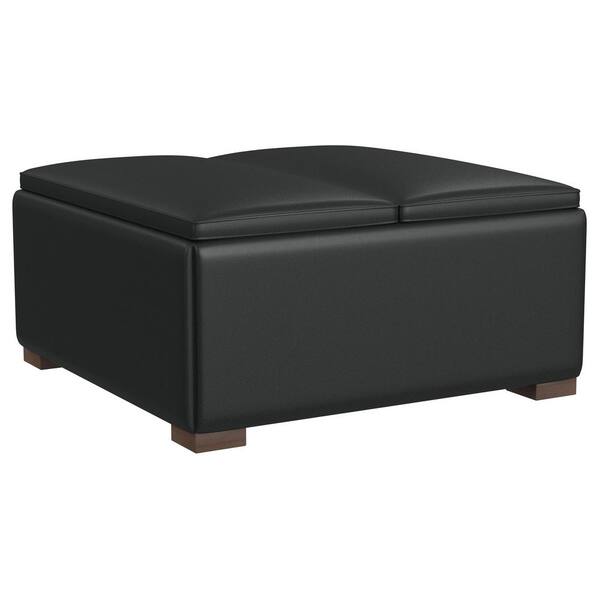 Coaster Paris Black Faux Leather Square Multi-Functional Storage Ottoman with Utility Tray and Spilt Top