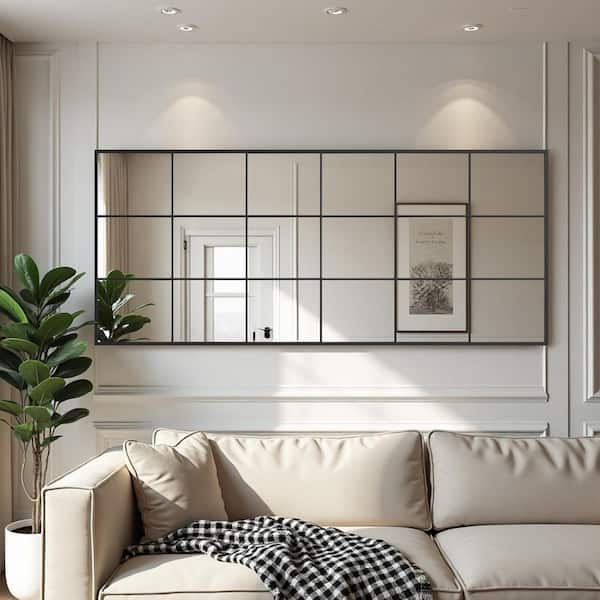 Black 30 in. W x 69 in. H Right Angled Rectangle Iron Grid Full Length Mirror (No Bracket)