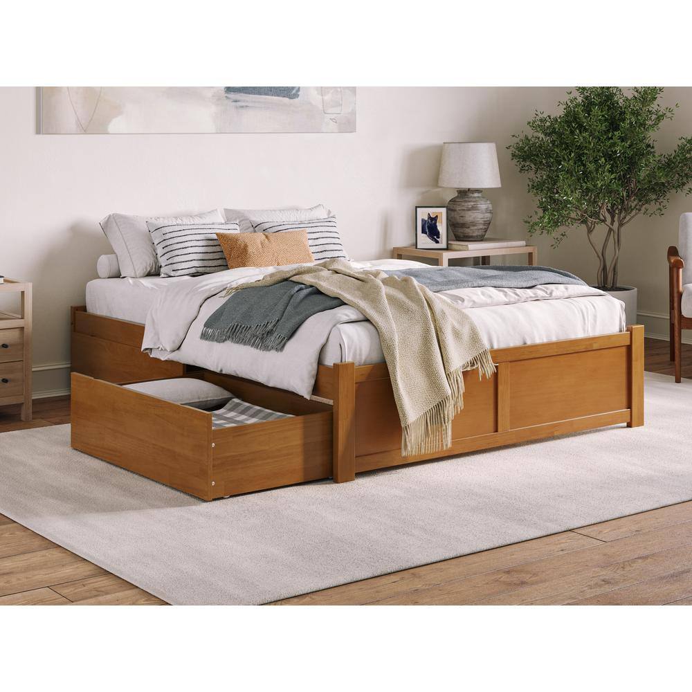 Light Toffee Solid Wood Queen Platform Bed with Storage Drawers