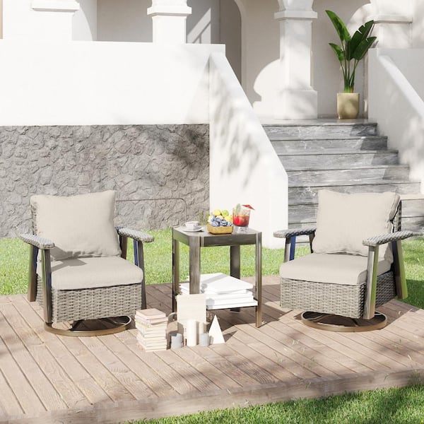 3-Piece Wicker Patio Swivel Rocking Chair Conversation Set with Beige Cushions