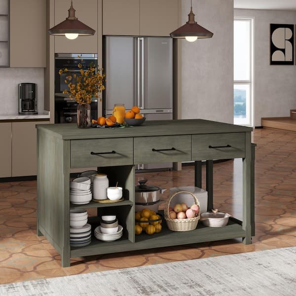 Gray Wood Top 99 in. Extendable Kitchen Island with Built-in Power Outlets, 3-Drawers, Open Shelves, and Locking Casters