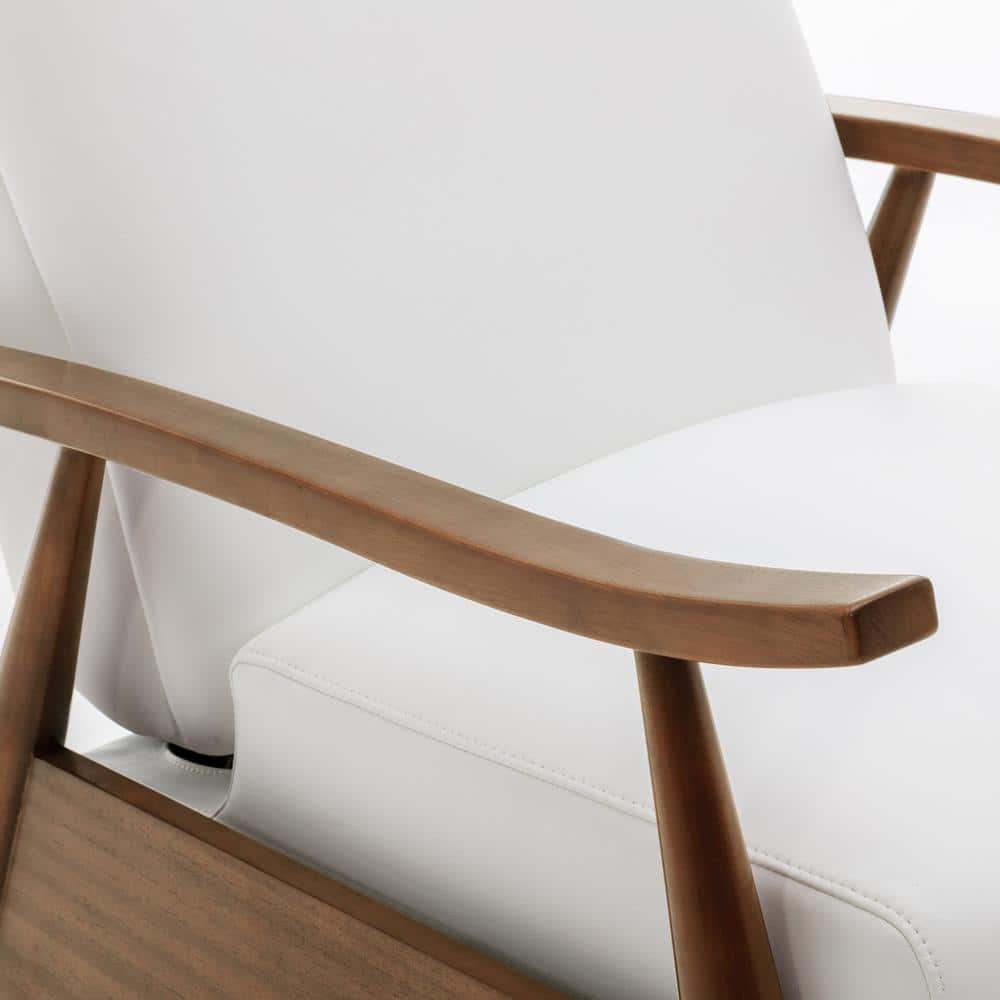 Milky White Leather and Wood Mid-Century Modern Recliner