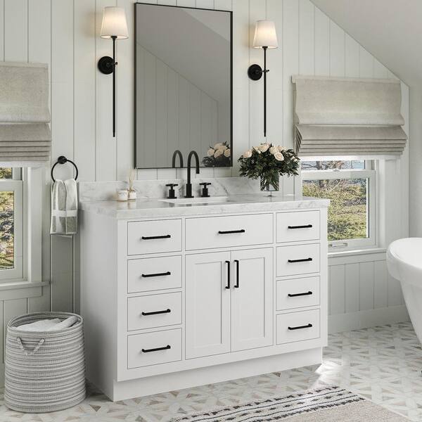 Home Decorators Collection Merryfield 43 in. W x 22 in. D x 35 in. H Freestanding Bath Vanity in Dark Blue-Gray with Carrara White Marble Top