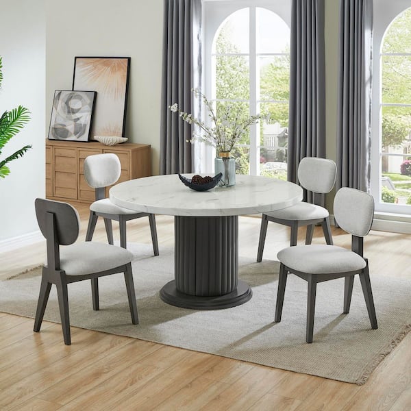 Gilbert 5-Piece White+Gray Wood Top Round Dining Set with Upholstered Dining Chairs, Round Dining Table, Seats 4