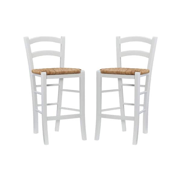 Linon Home Decor Kirsten 24.5 in. Seat Height White High back with Wood Frame Counterstool with Seagrass Seat (Set of 2)