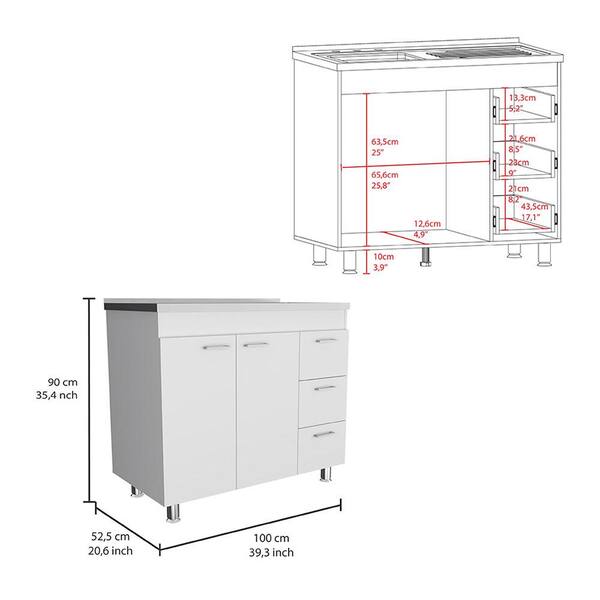 Aoibox 39 in. W x 29.7 in. D x 35.4 in. H Ready to Assemble Kitchen Base Cabinet in White with 3-Drawer,Double Door&4-Legs