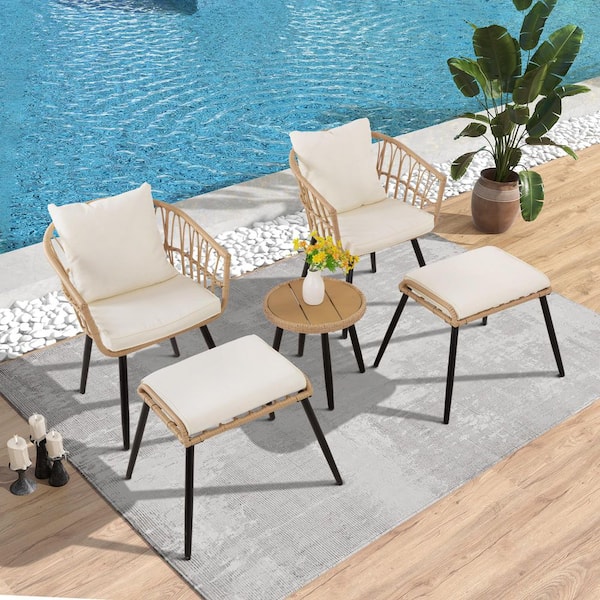 MIRAFIT Beige 5-Piece Wicker Resin Outdoor Bistro Set with Washed Beige Cushion