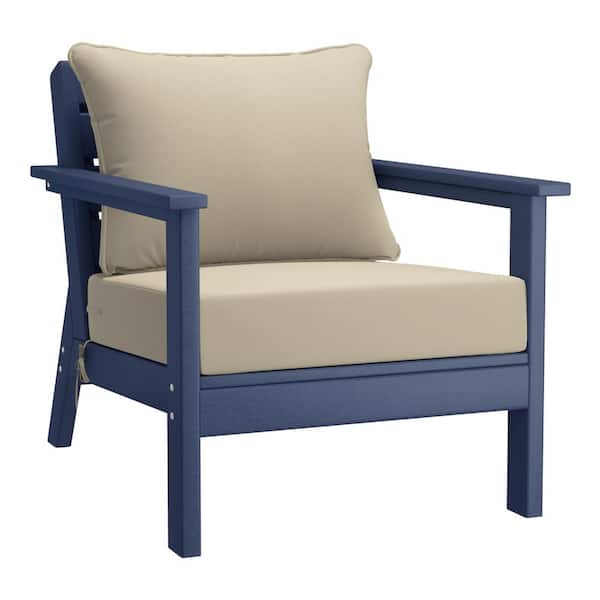 Birchwood Outdoor Patio Deep Seating HDPE Plastic Lounge Chair in Navy Blue with Beige Cushions