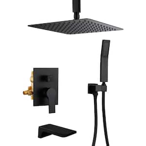 1-Spray Patterns 12 in. Ceiling Mount Dual Shower Heads with Tub Spout in Matte Black