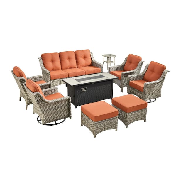 Eureka 9-Piece Wicker Patio Conversation Sofa Swivel Chair Set with Metal Fire Pit Table and Red Cushions