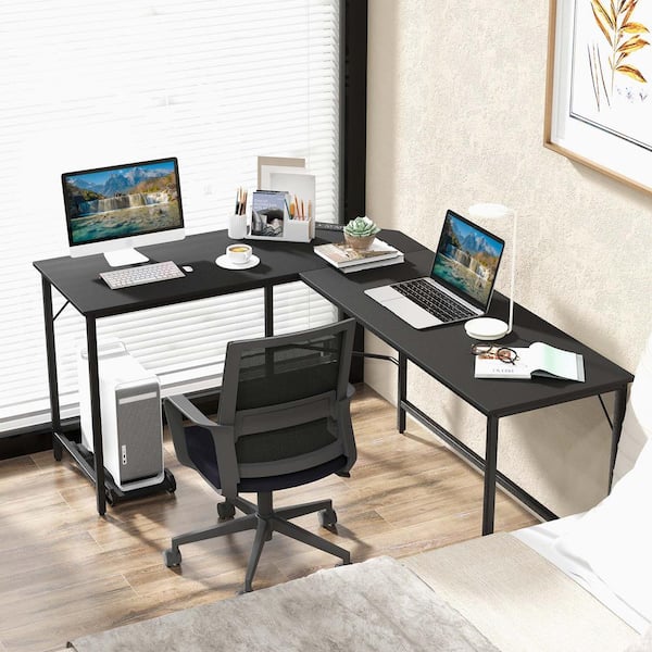 Costway L Shaped Gaming Desk Computer Desk w CPU Stand Power Outlets Black