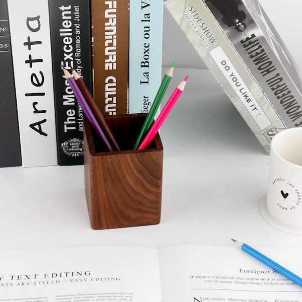 Wood Pen Holder Black Walnut Finish Desk Pencil Cup Organizer
