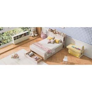 Cream White Wood Frame King Size Platform Bed with Storage Headboard and a Big Drawer