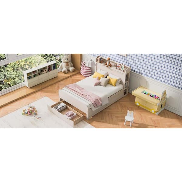 wetiny Cream White Wood Frame King Size Platform Bed with Storage Headboard and a Big Drawer