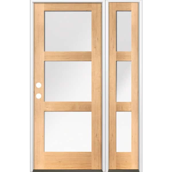 Krosswood Doors 50 in. x 80 in. Modern Hemlock 3-Lite Right-Hand/Inswing Frosted Glass Clear Stain Wood Prehung Front Door w/ RSL