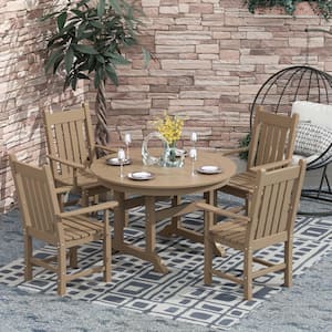 Hayes 5-Piece HDPE Plastic All Weather Outdoor Patio Round Trestle Table Dining Set with Arm Chairs in Weathered Wood
