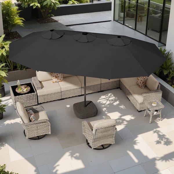 Alpine B 15 ft. Solar Colour LED Light Outdoor Double-Sided Market Patio Umbrella, UV Protection with Base in Dark Gray