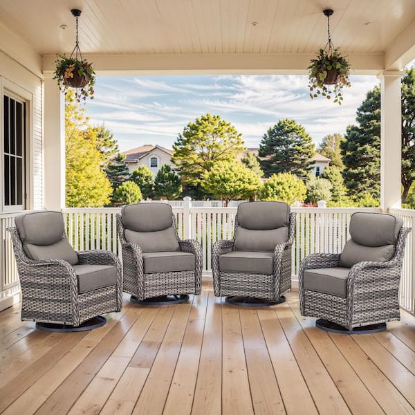 MoonLuxe Gray Swivel Glider Wicker Outdoor Rocking Chair with Gray Olefin 6 In. Thick Cushions (4-Piece)