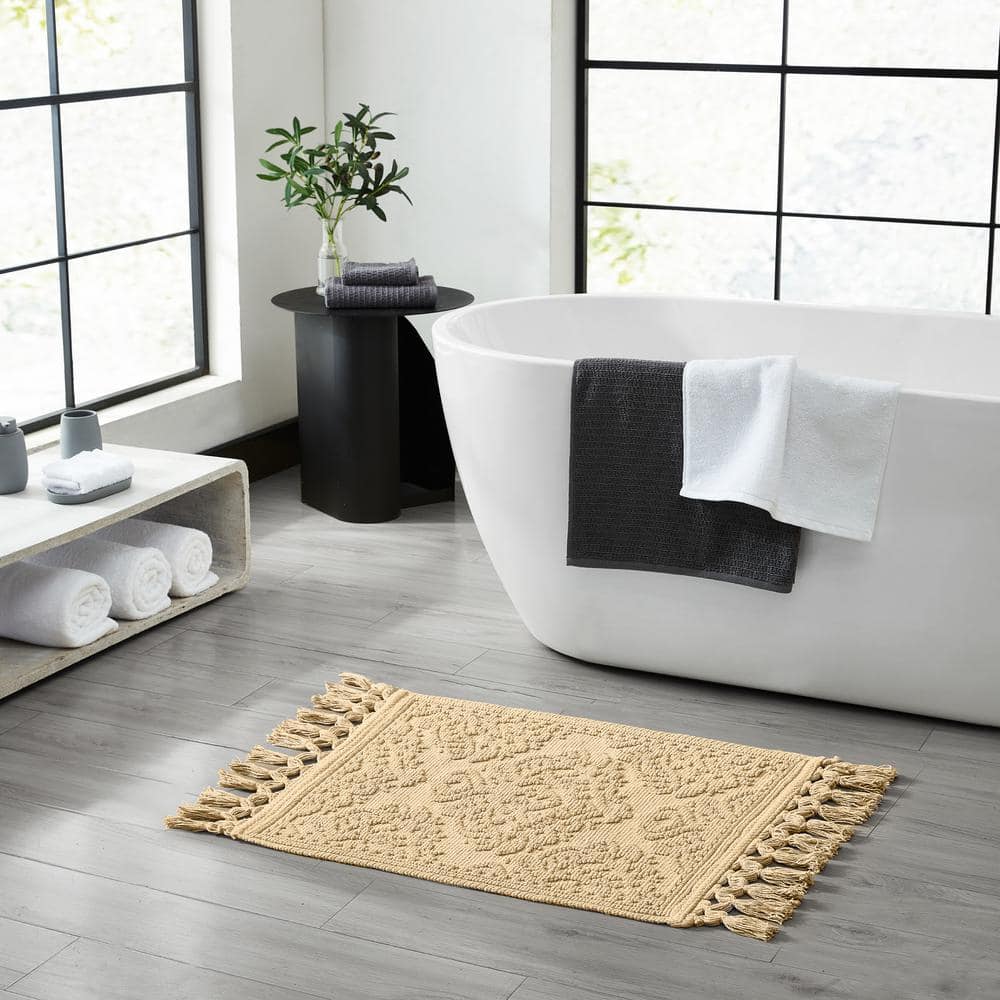 Linen Textured Cotton Fringe Rectangle Bathroom Rug
