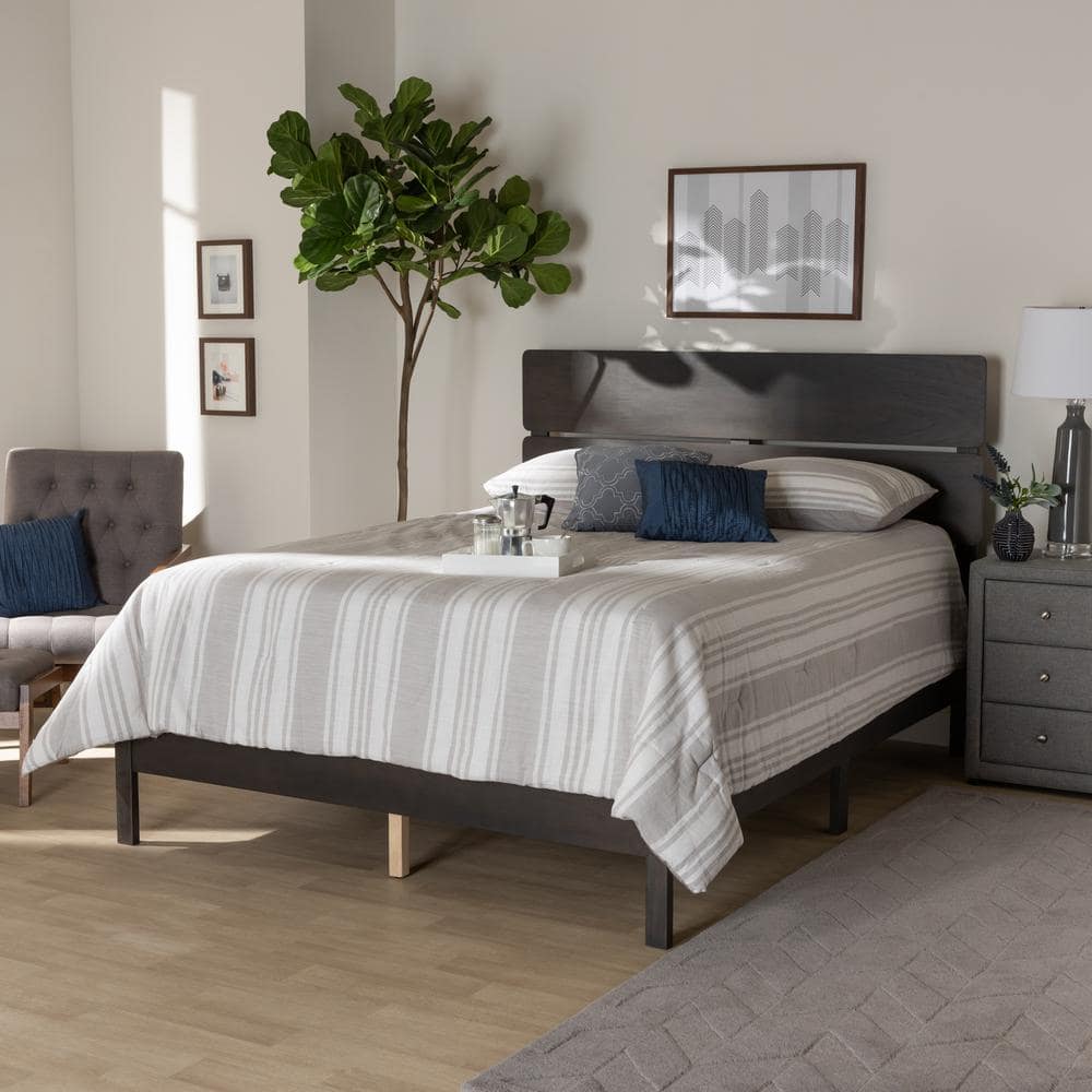 Gray and Oak King Upholstered Wood Panel Bed