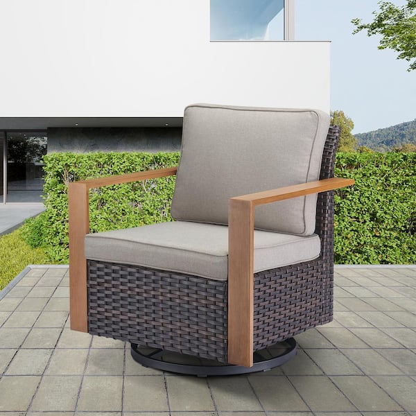 Brown Swivel Glider Wicker Outdoor Rocking Chair with Gray Cushions and Square Metal Armrest (2-Pack)