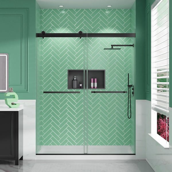 56-60 in. W x 75 in. H Semi-Frameless Bathroom Glass Shower Sliding Door, 5/16 in Clear Tempered Glass Door Matte Black